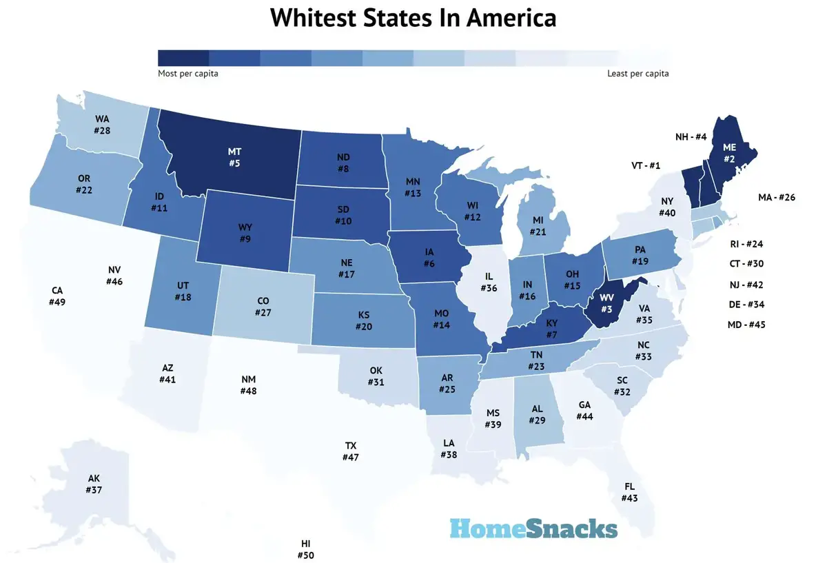 Whitest States In America Map For 2024